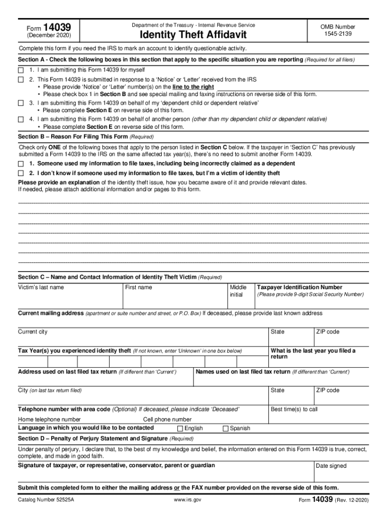  Form 14039 Rev 12 Identity Theft Affidavit 2020