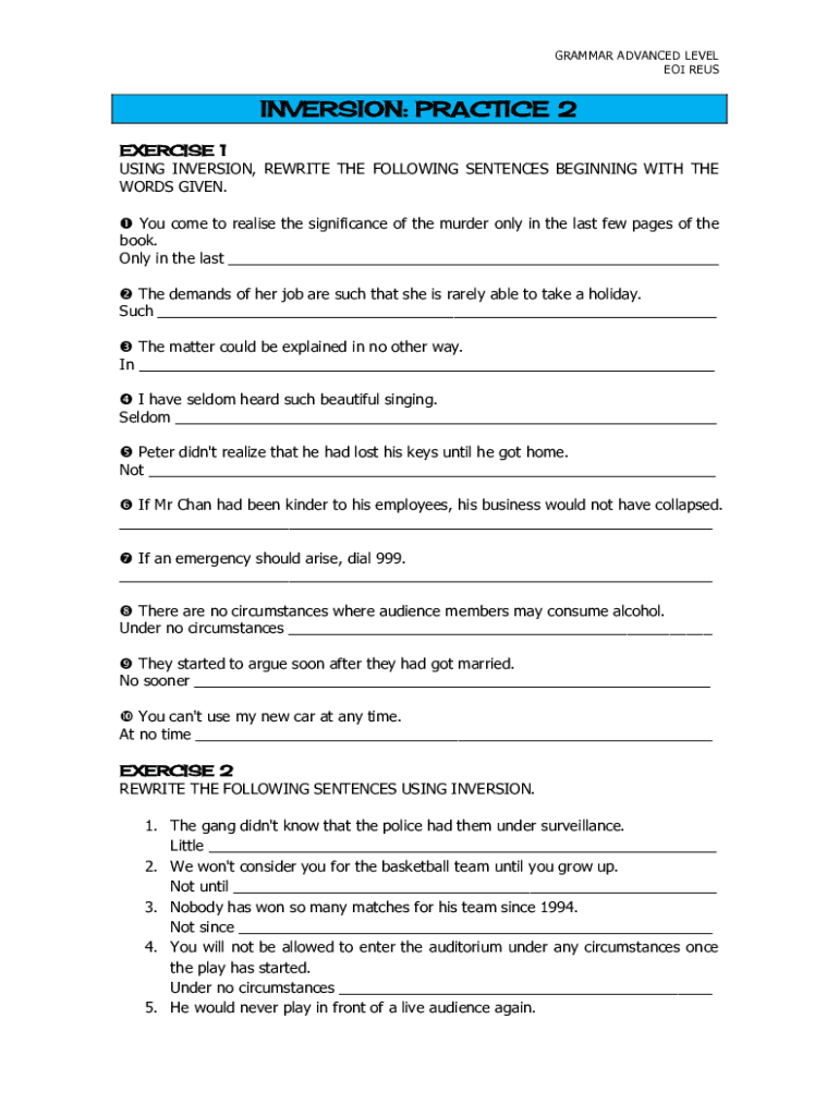 Inversion Exercises with Answers PDF  Form