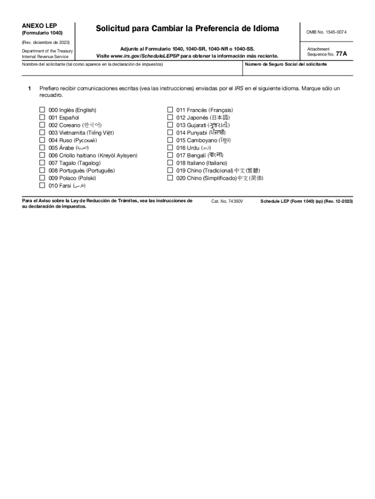  Schedule LEP Form 1040 SP December Request for Change in Language Preference Spanish Version 2023-2024