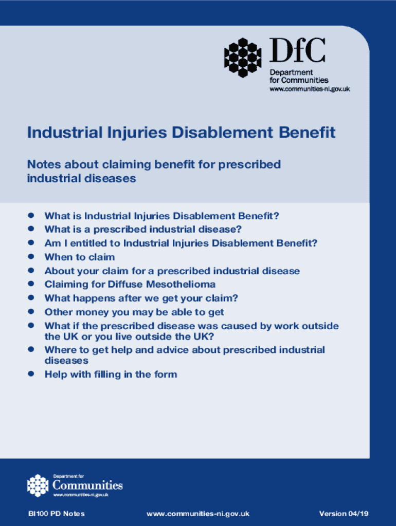  BI100PD Notes Industrial Injuries Disablement Benefit 2019-2024