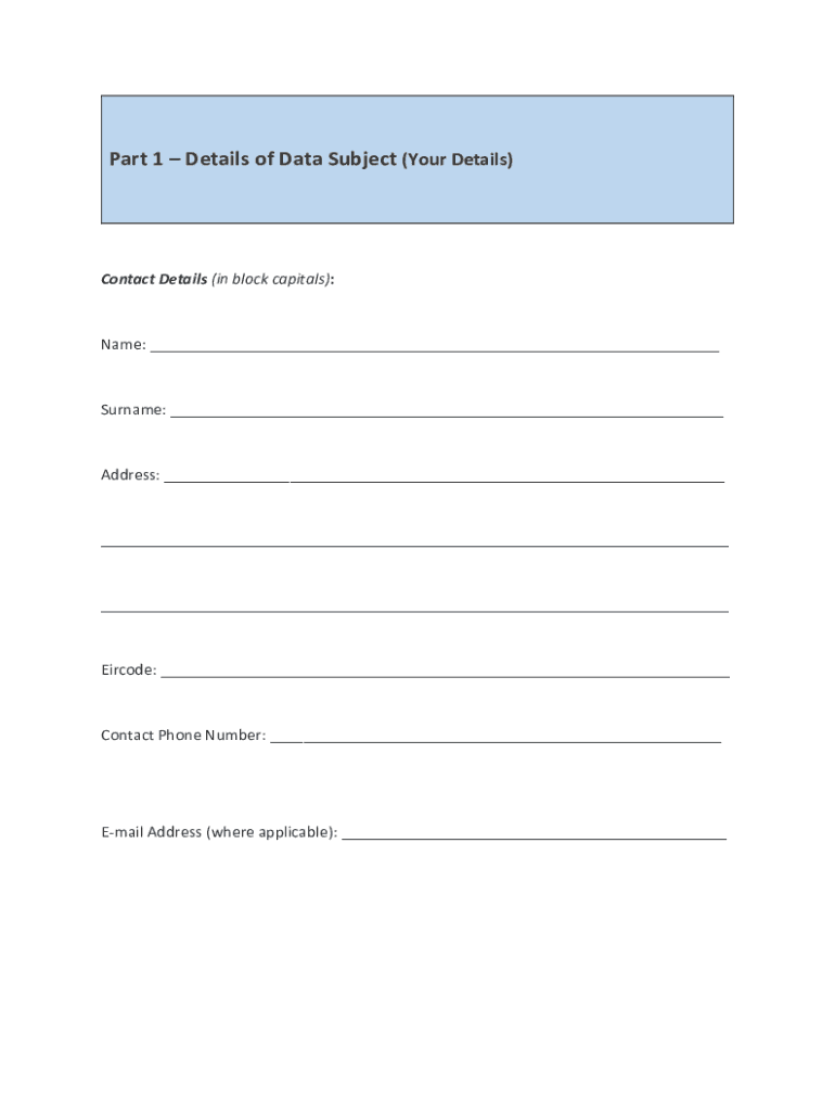 Subject Access Request Data Protection  Form