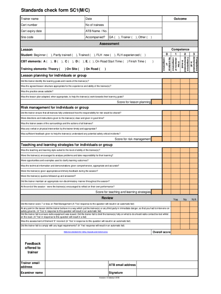  Motorcycle Trainer Standards Check Form the Form Used to Record Motorcycle Trainer Standards Check Results 2015-2024