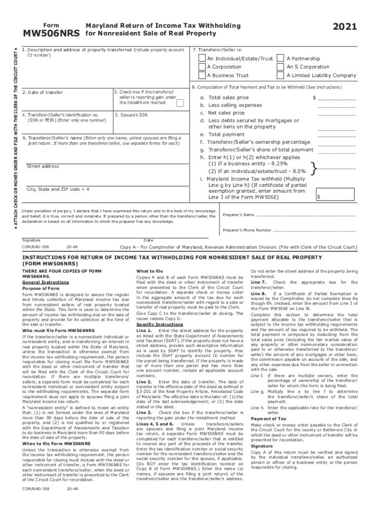  Tax Year Form MW506NRS Maryland Return of Income Tax Withholding 2021-2024