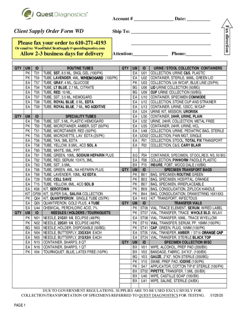 Quest Lab Supply Order Form