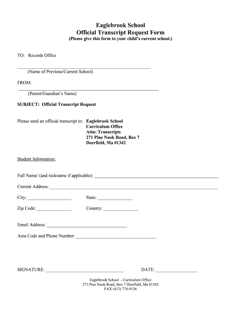 Transcript Request Form  Eaglebrook School  Eaglebrook