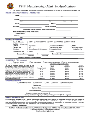 VFW Membership Mail in Application VFW Post 9927  Form