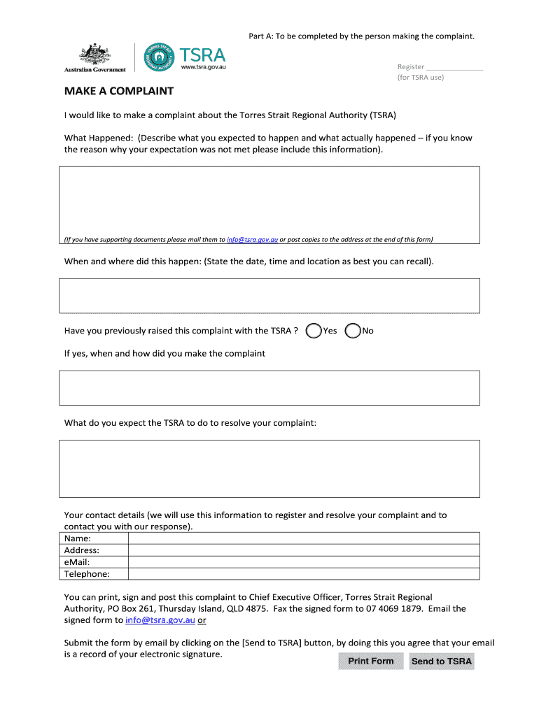 TSRA Complaint Form Torres Strait Regional Authority