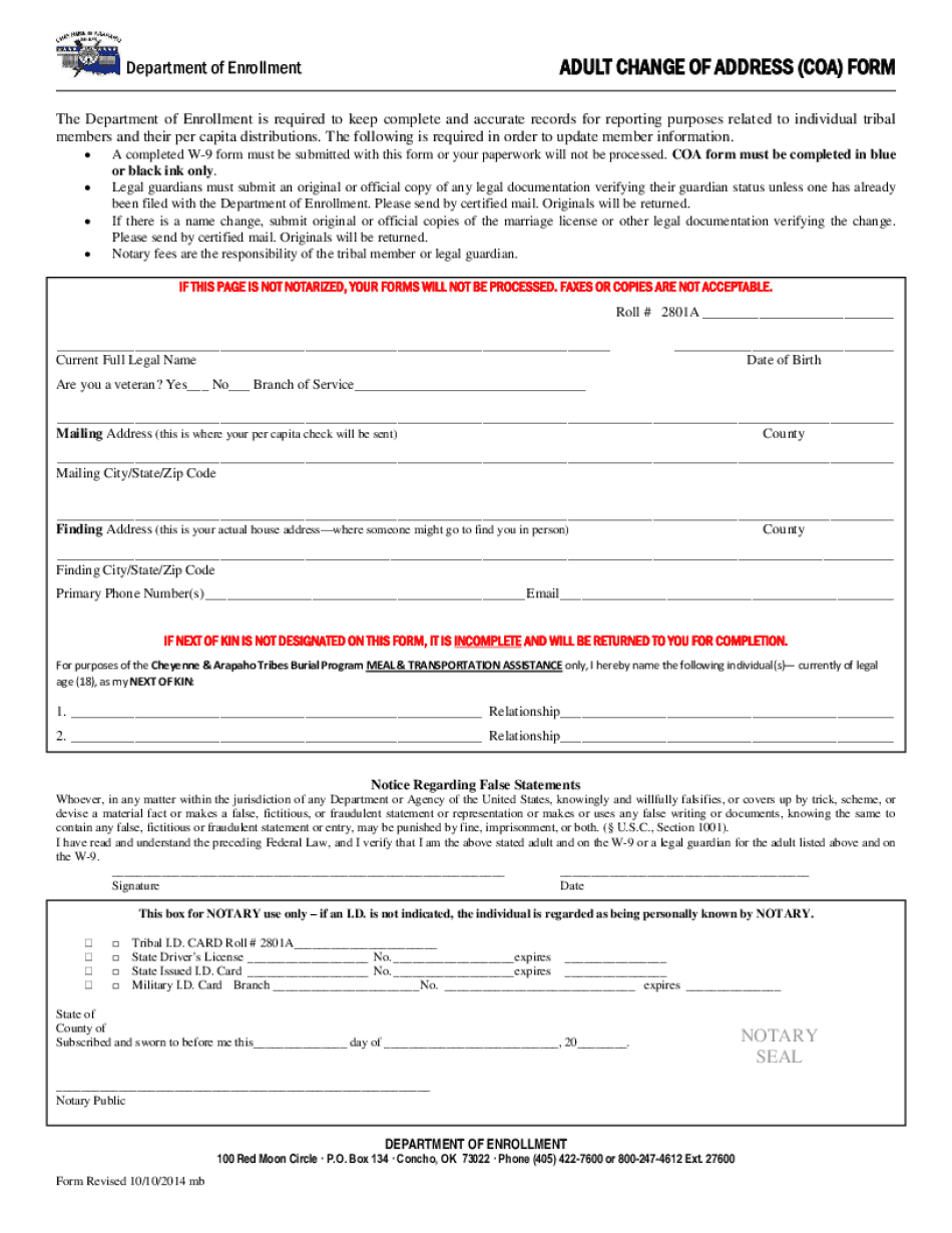  Adult Change of Information Form Cheyenne and Arapaho Tribes C a Tribes 2014-2024