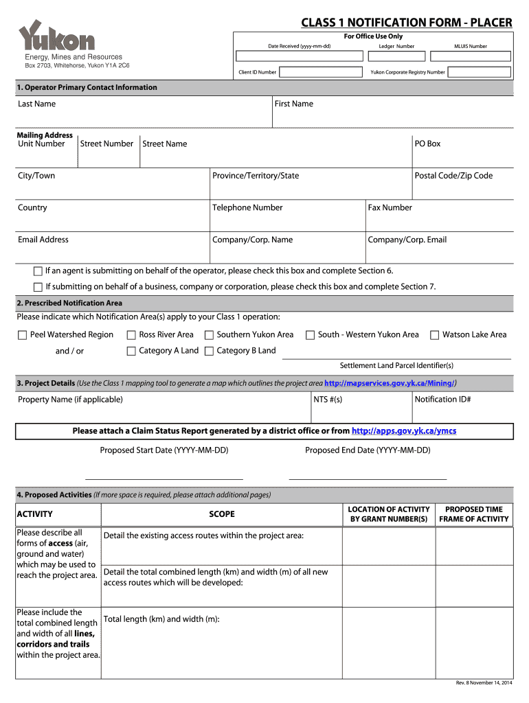 Class 1 Notification Form Placer Energy, Mines and Resources Emr Gov Yk