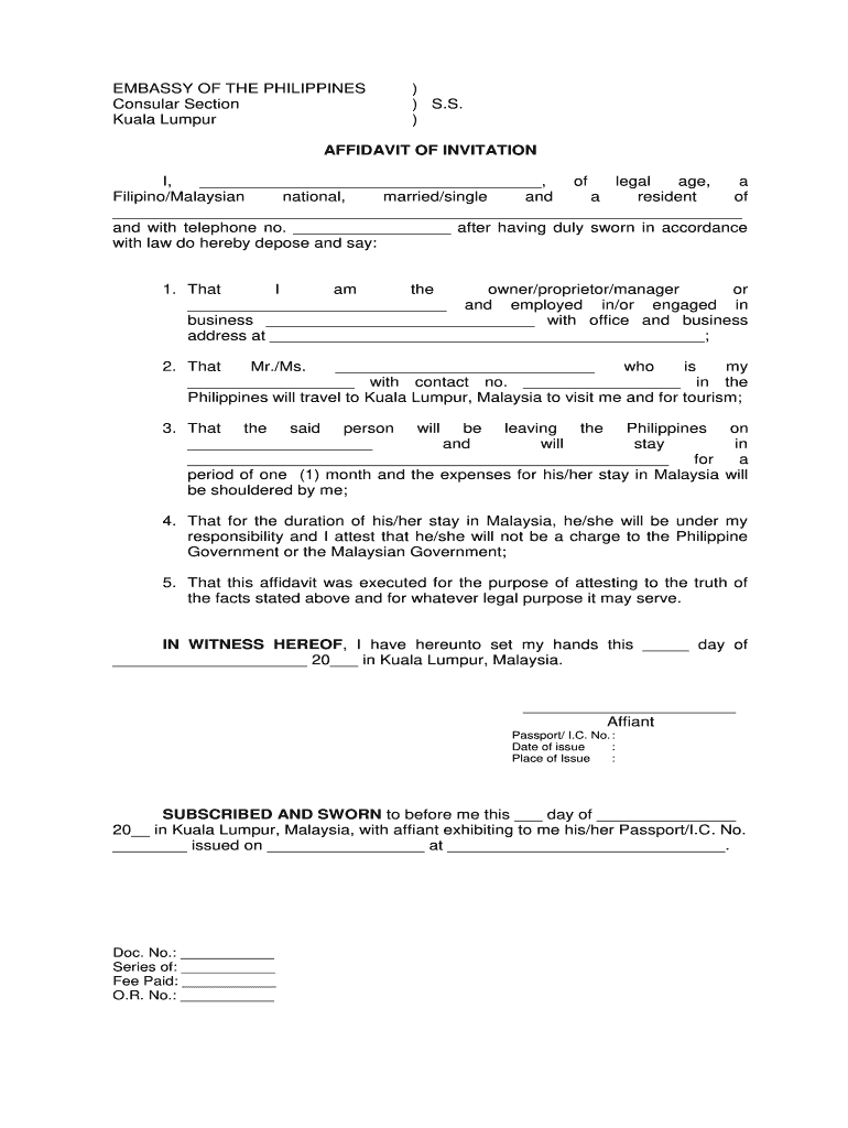 Philippine Embassy Malaysia Invitation Letter  Form