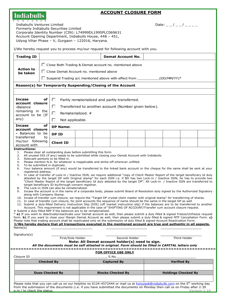 Indiabulls Account Closure Form