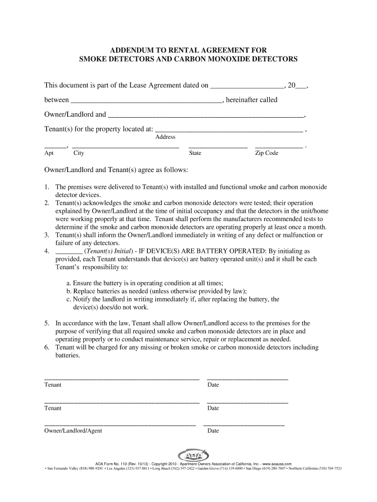 Addendum to Rental Agreement for Smoke and Carbon Monoxide Detectors  Form