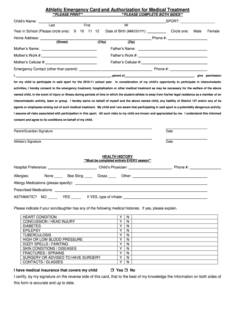  Emergency Information Card 2010-2024