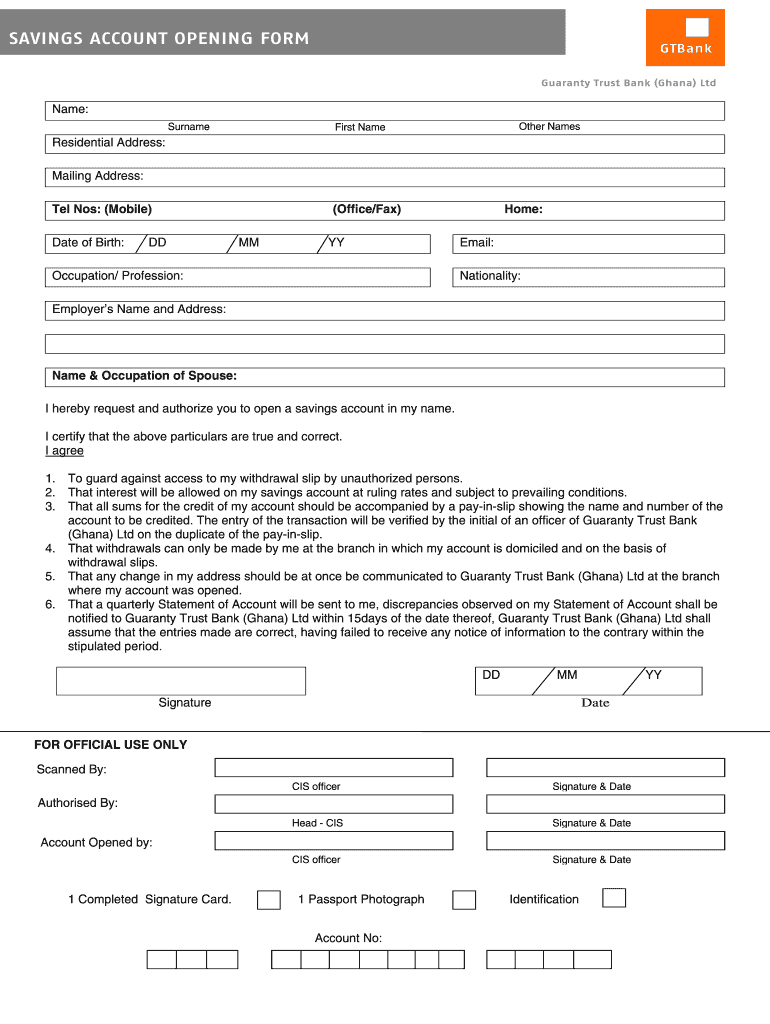 Gtbank Savings Account Opening Form