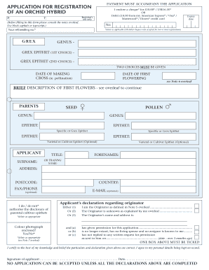 Application Form for Registration of Orchid Hybrid Royal Horticultural