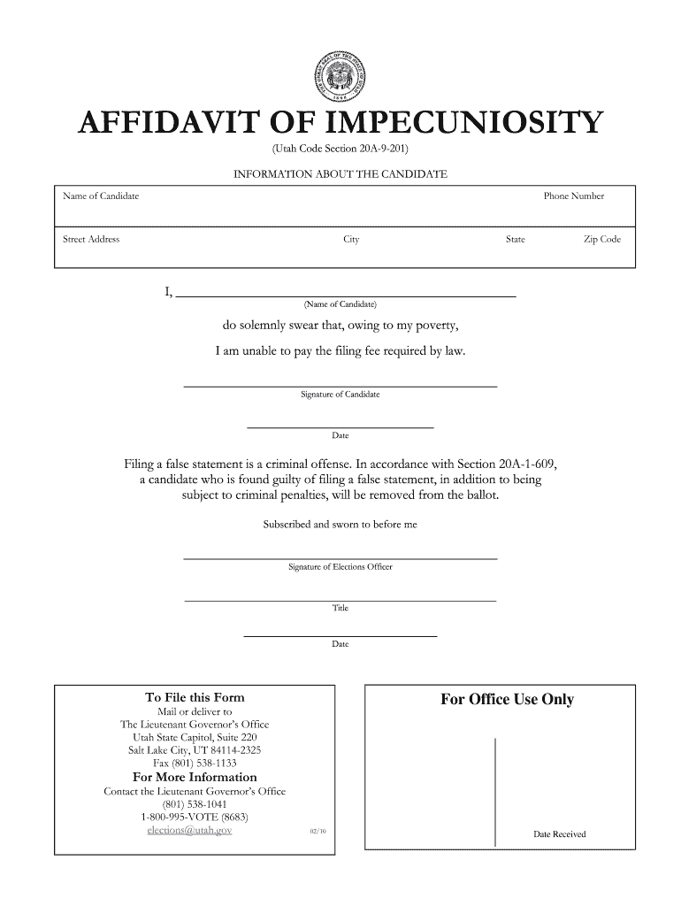 Get and Sign Impecuniosity Form Utah 2010-2022