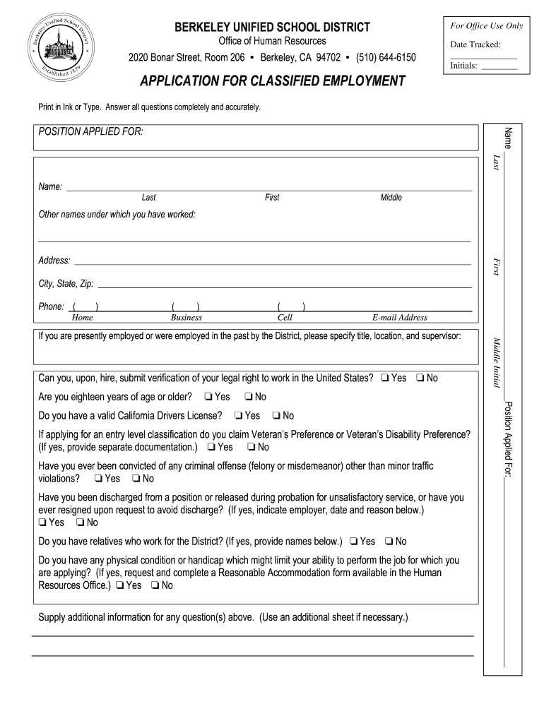 Application for Classified Employment  Berkeley Unified School District  Form