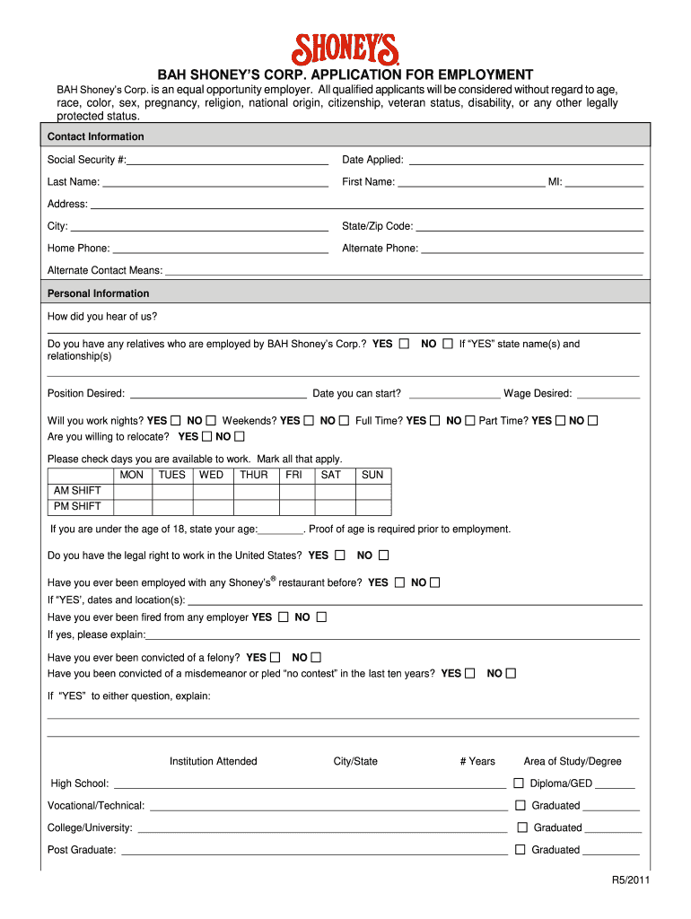  Shoneys Application Print Form 2011