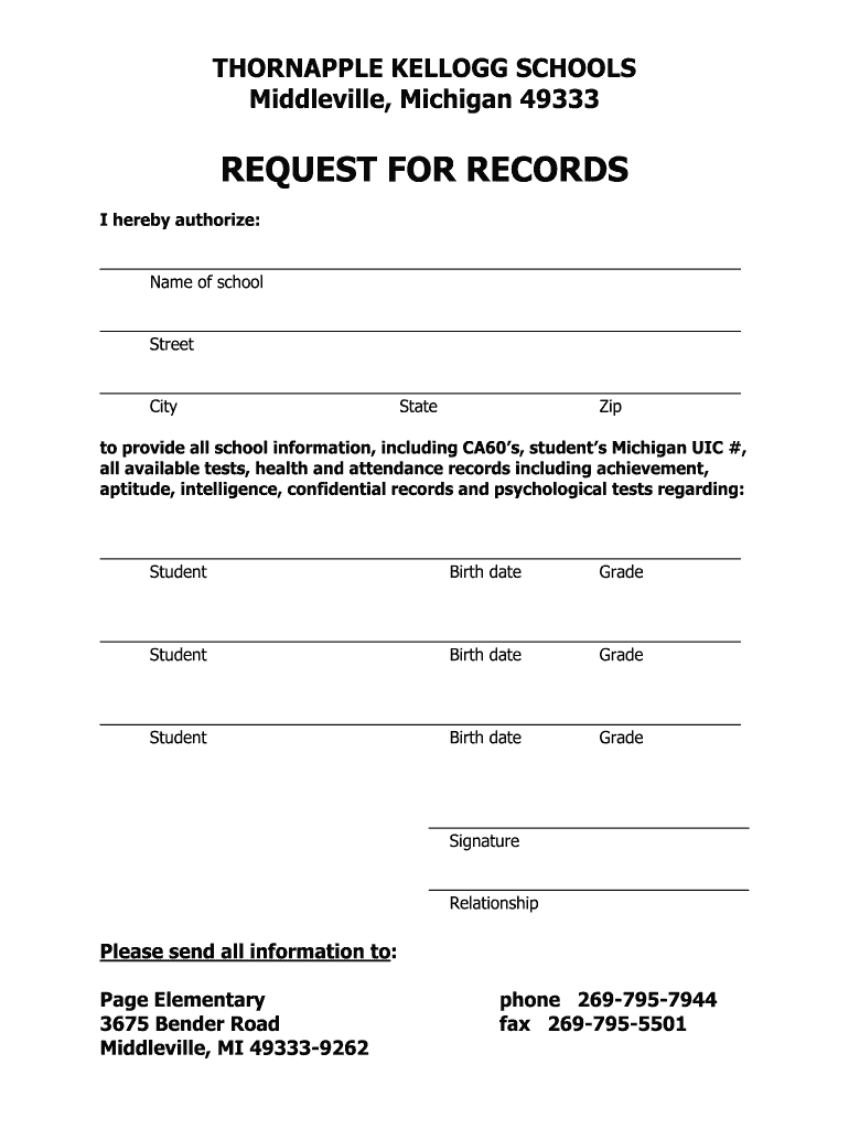 Request for Records Form PDF Thornapple Kellogg Schools Tkschools