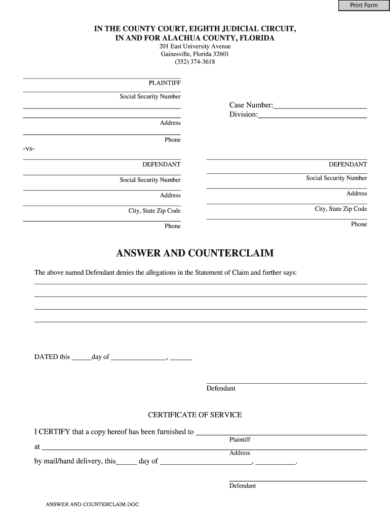 Answer and Counterclaim Defendant  Form