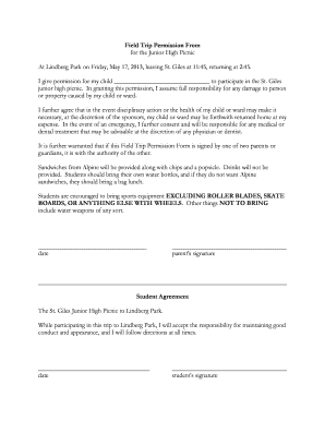 Permission Letter from Parents to Teacher for Picnic  Form