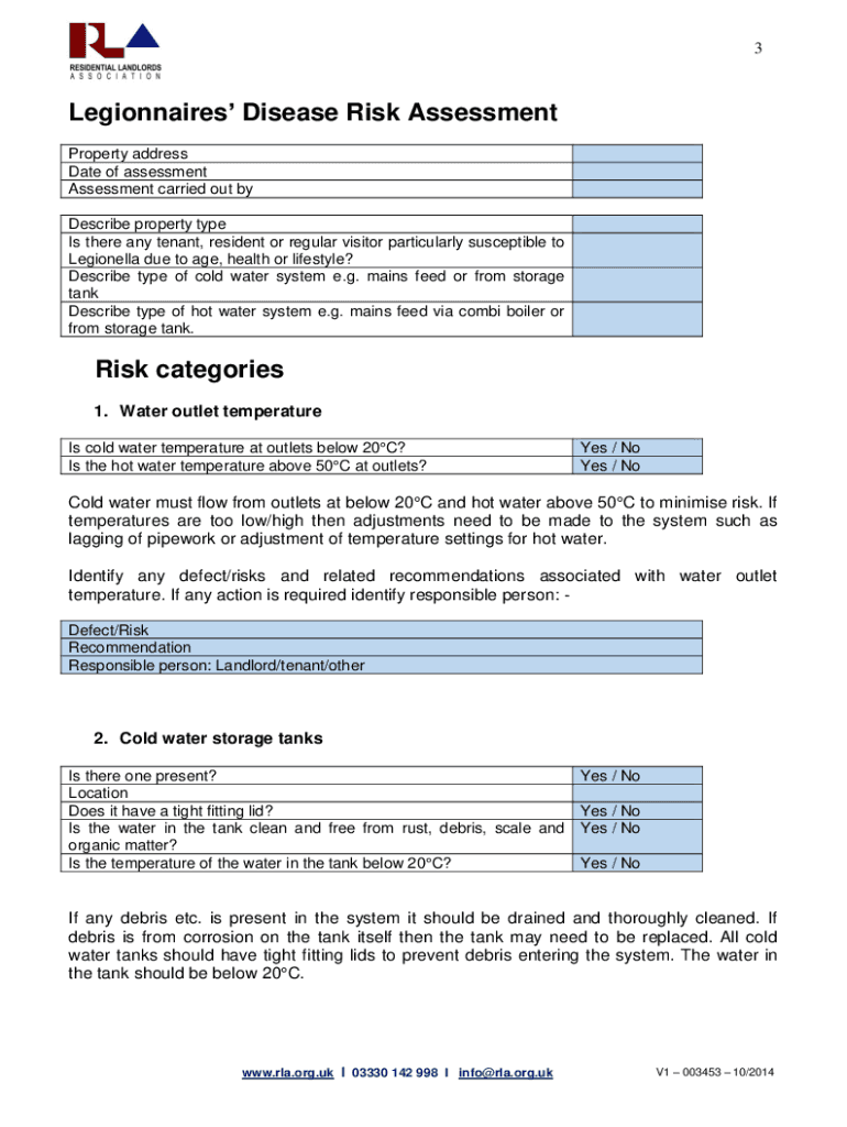 Legionella Risk Assessment Form for Landlords PDF