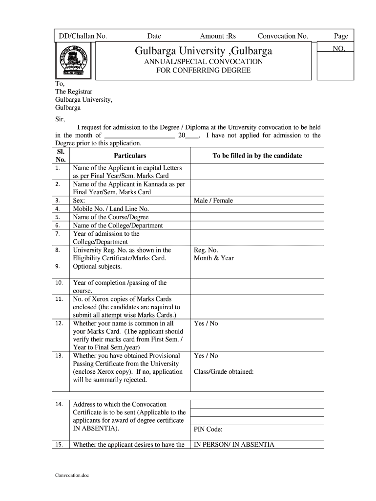 Gulbarga University Convocation Certificate  Form
