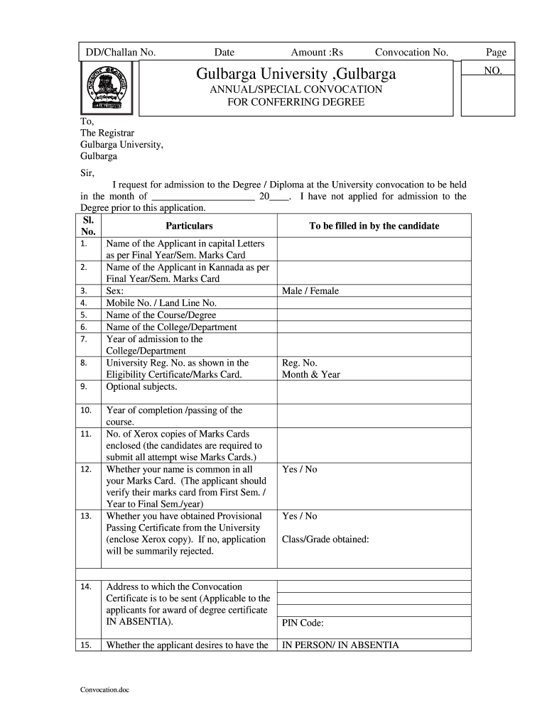 Gulbarga University Convocation Certificate Form