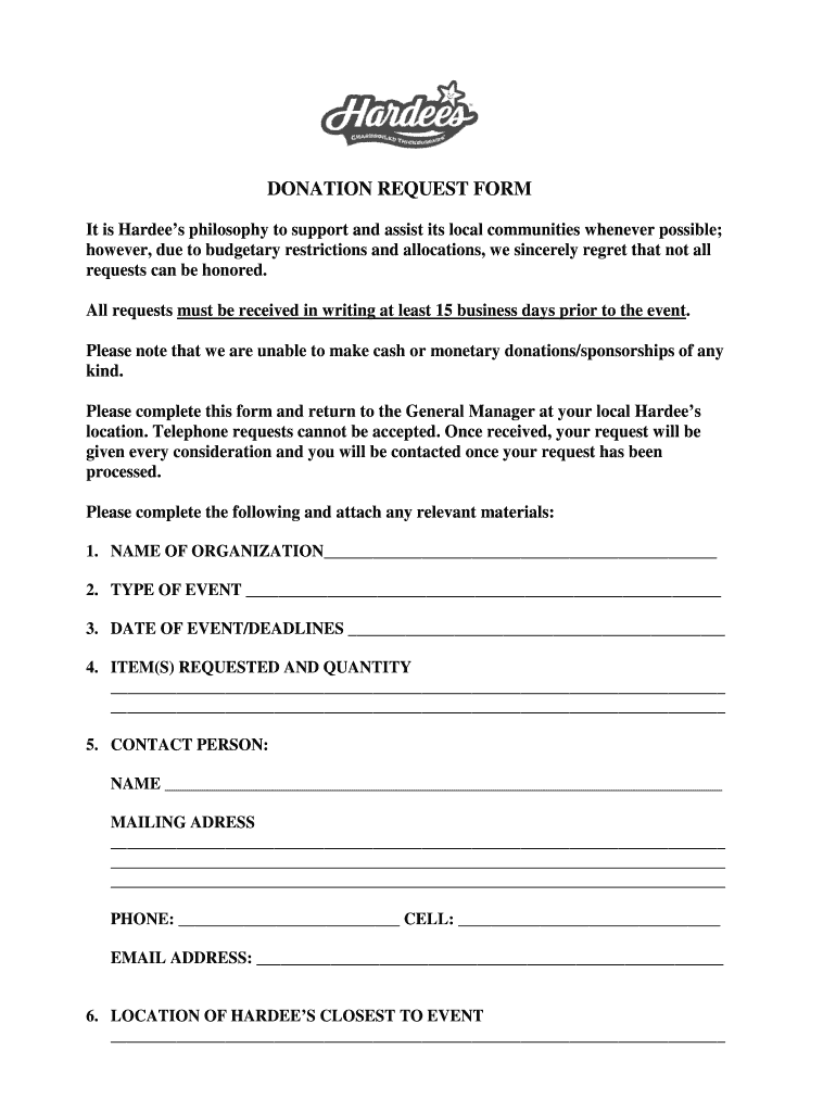 Hardees Request Donation  Form