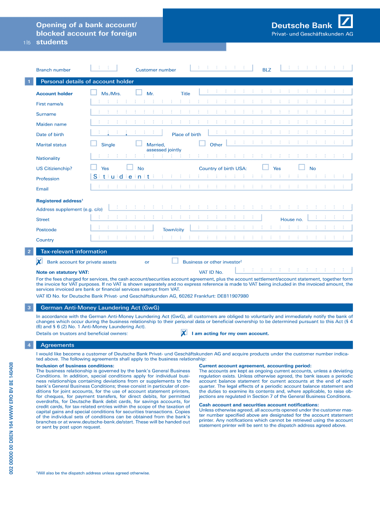 Opening a Bank Accountblocked Account for Deutsche Bank  Form