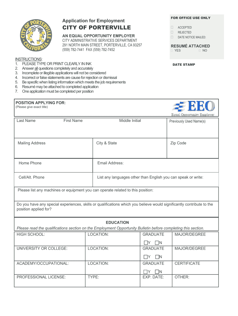  City of Porterville Employment Application with Conviction Inquiry 2013-2024