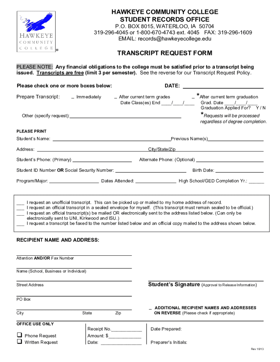 Transcript Request Form Hawkeye Community College