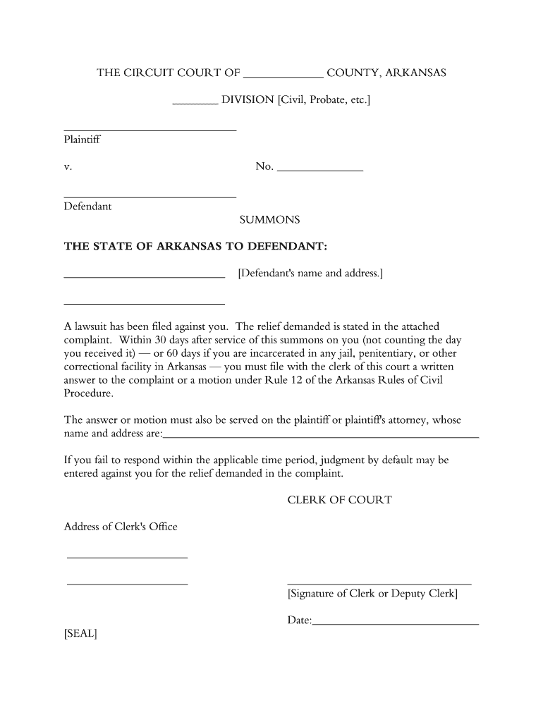 Arkansas Summons  Form