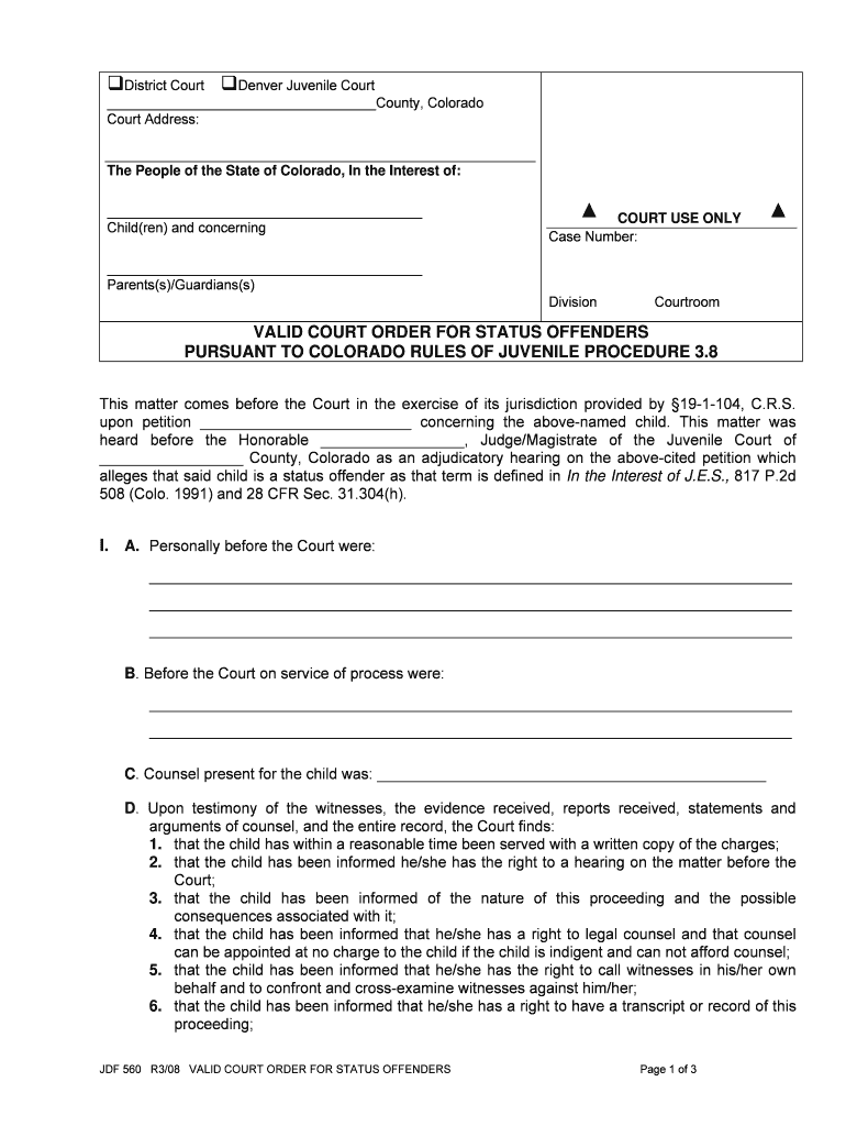 District Court Denver Juvenile Court County, Colorado Court Address the People of the State of Colorado, in the Interest of Chil  Form