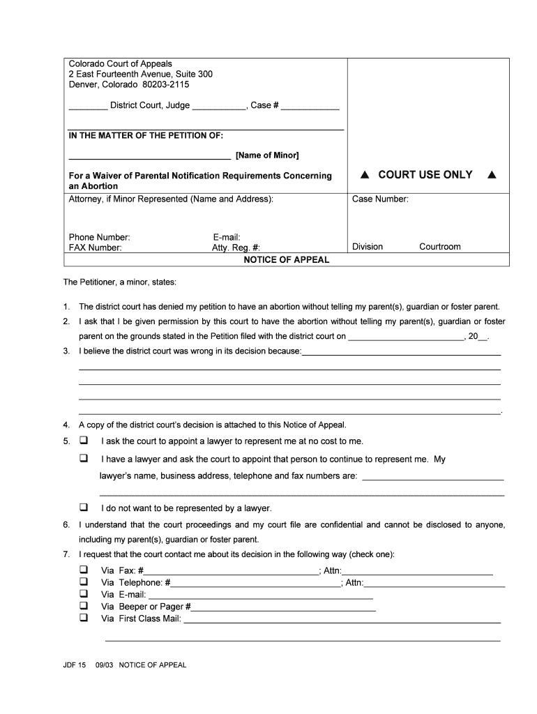 Colorado Court of Appeals 2 East Fourteenth Avenue, Suite 300 Denver, Colorado 802032115 District Court, Judge , Case # in the M  Form