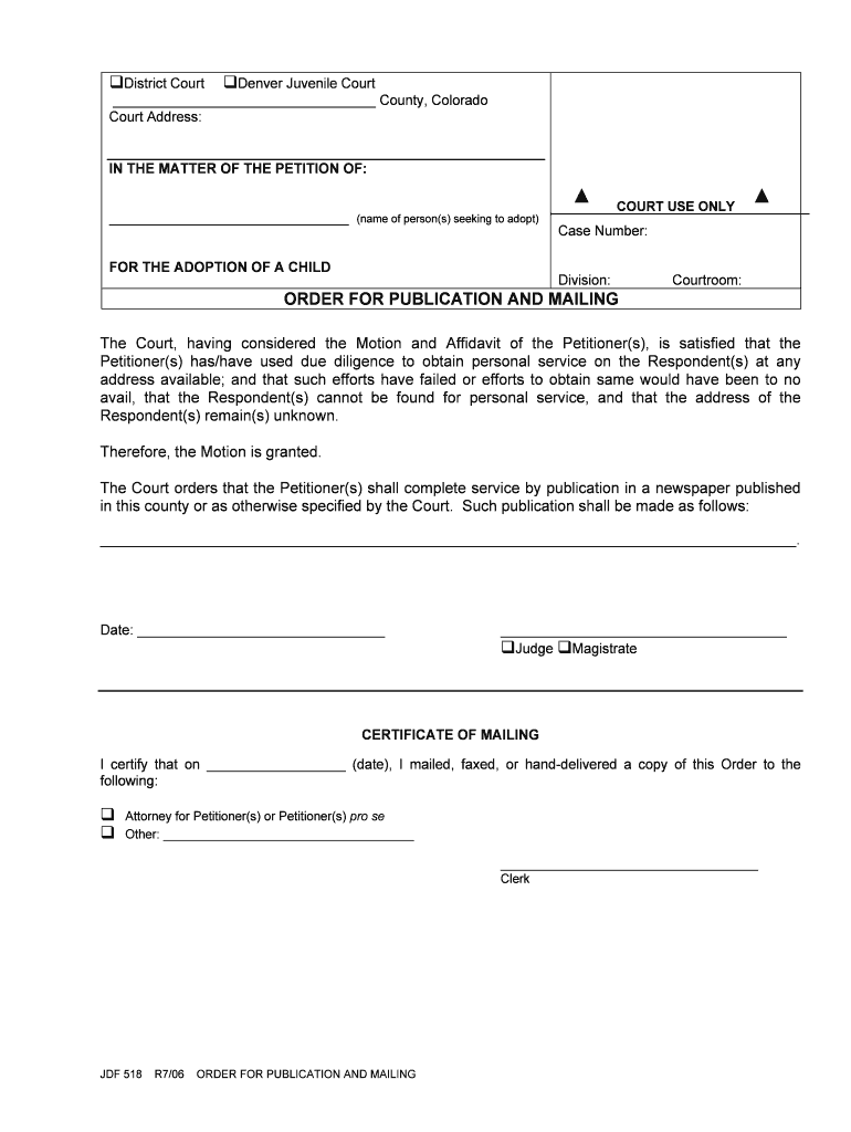 JDF 518 Order for Publication and Mailingdoc Courts State Co  Form