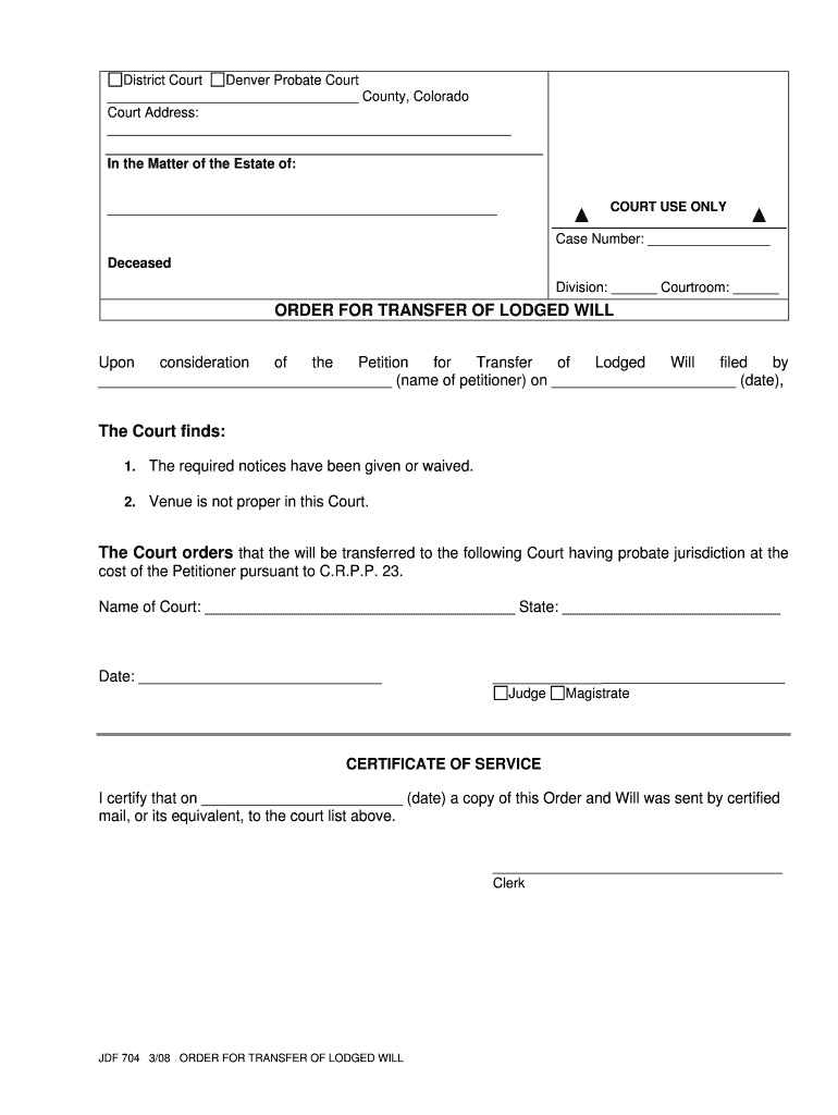 District Court Denver Probate Court County, Colorado Court Address in the Matter of the Estate of COURT USE ONLY Case Number Dec  Form