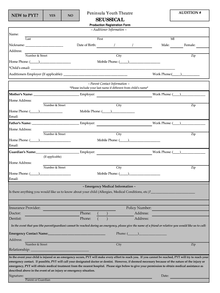 Get and Sign Audition Registration Forms PDF  Peninsula Youth Theatre  Pytnet