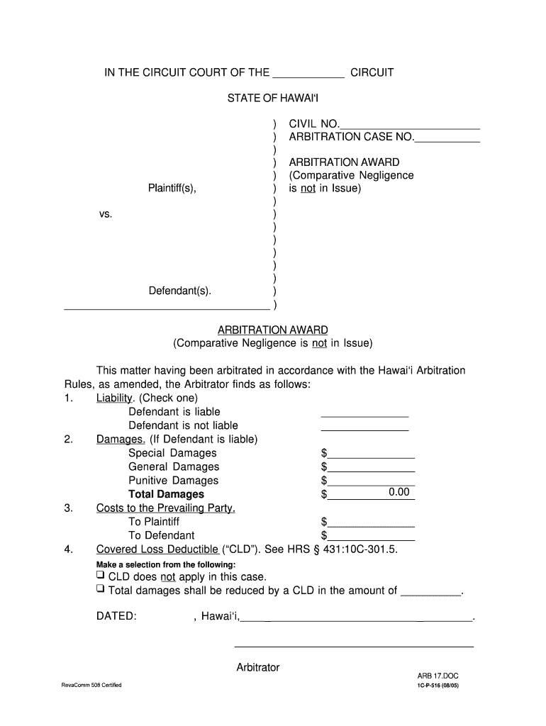 Arbitration Award Comparative Negligence is Not in Issue Courts State Hi  Form