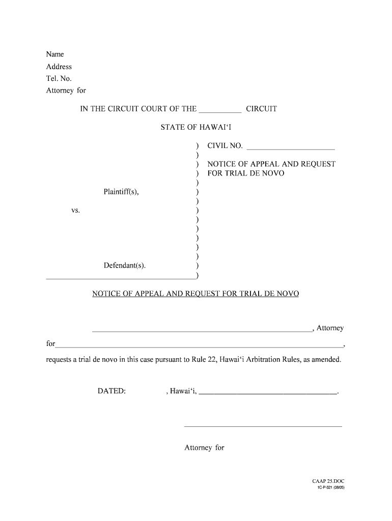 Notice of Appeal and Request for Trial De Novo Courts State Hi  Form