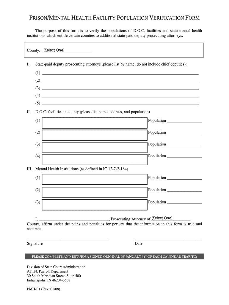 Prisonmental Health Facility Population Verification Form in