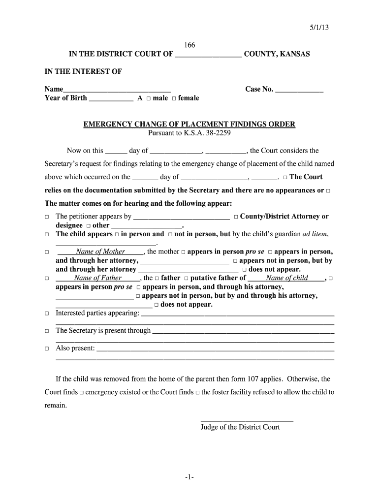  EMERGENCY CHANGE of PLACEMENT FINDINGS ORDER Kansasjudicialcouncil 2013-2024