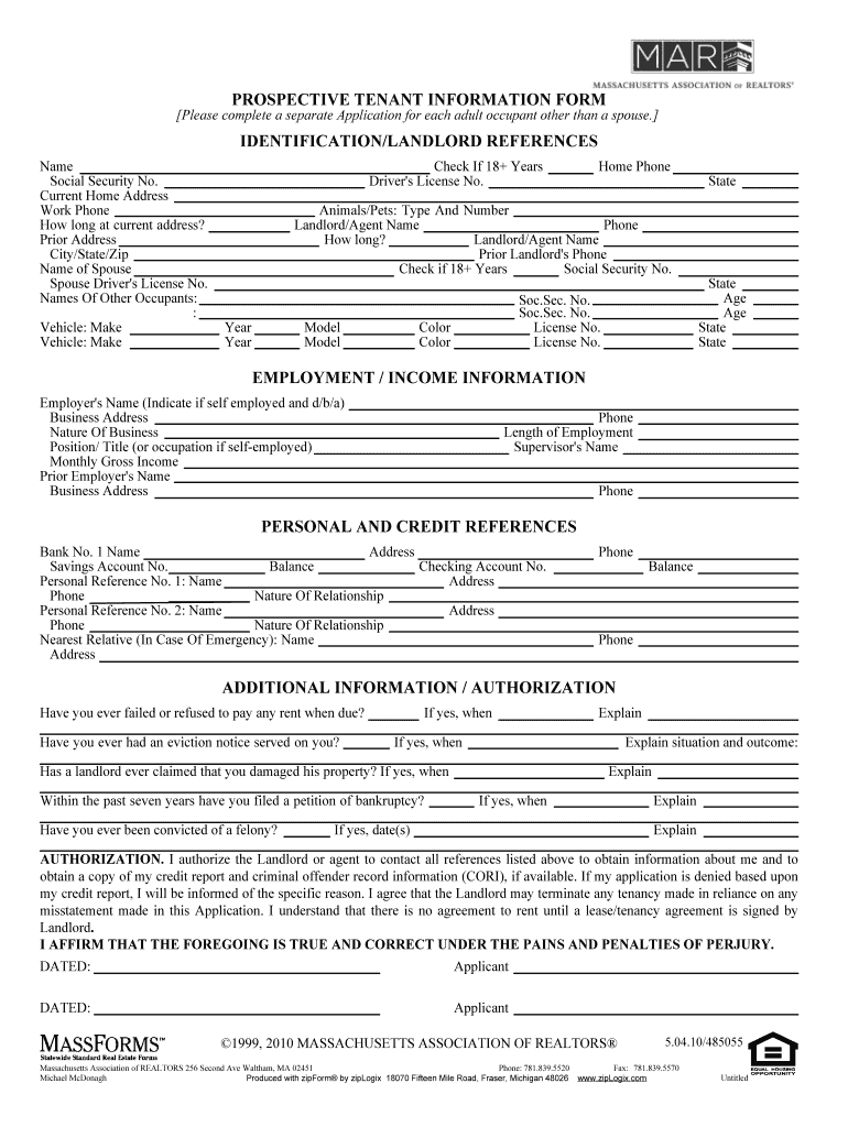  Prospective Tenant Information Form 2010-2024