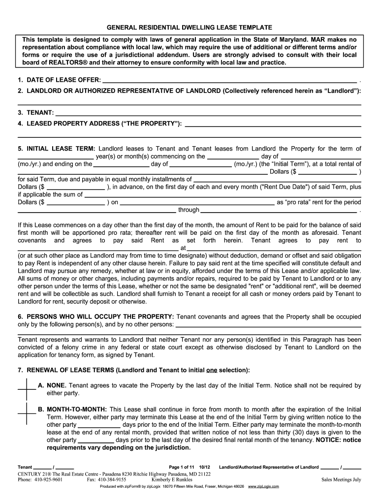  Maryland General Residential Dwelling Lease Template 2012-2024