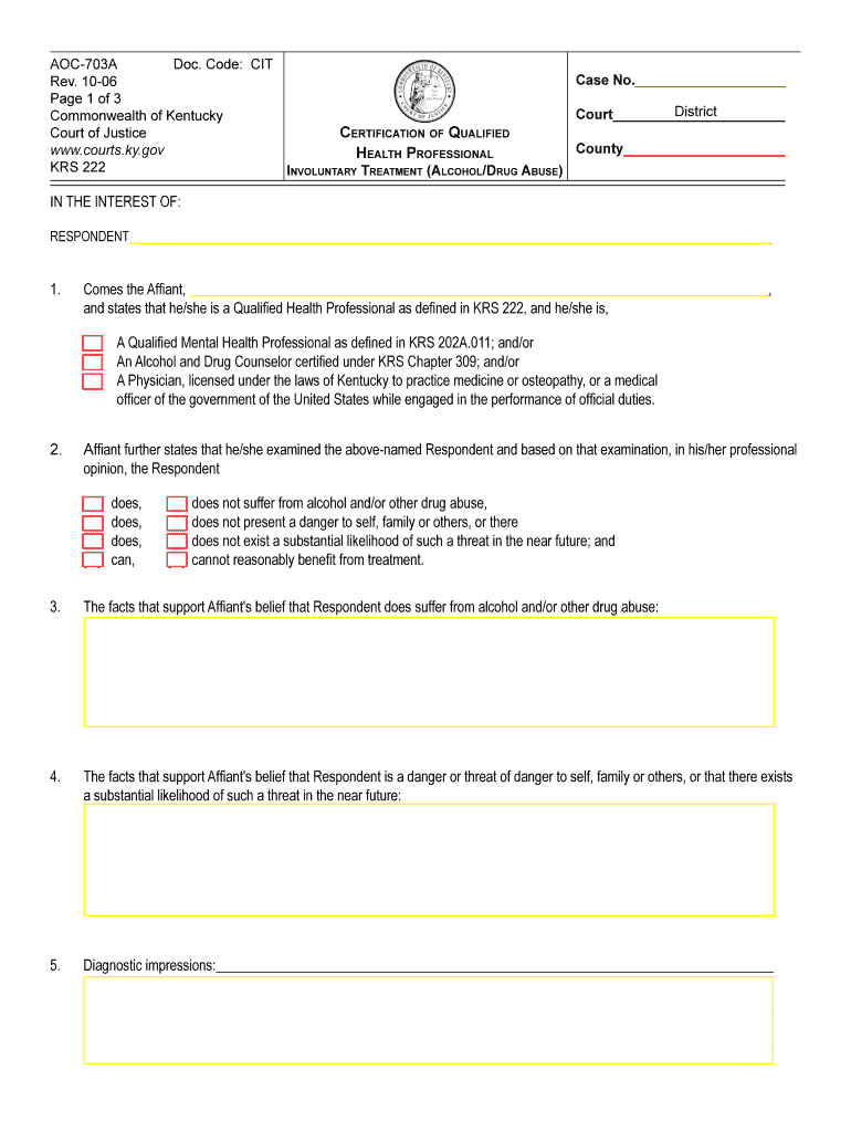  Certification of Qualifies Health Professional Involuntary Treatment Courts Ky 2019-2024