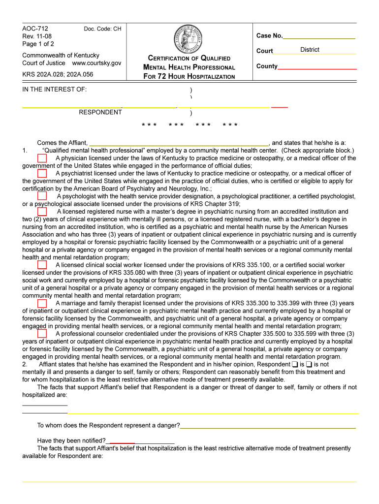  Certification of Qualified Mental Health Professional for 72 Hour Bb  Courts Ky 2008