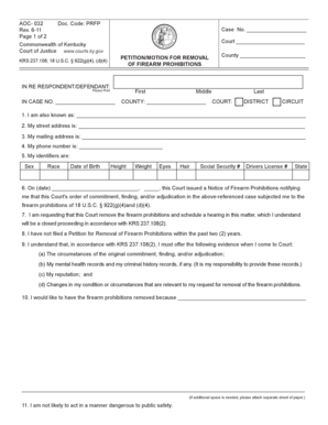  PetitionMotion for Removal of Firearm Prohibitions Kentucky Court Bb Courts Ky 2011