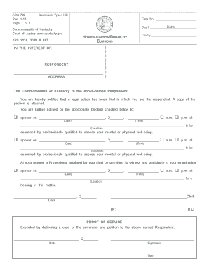 HospitalizationDisability Summons Kentucky Court of Justice Courts Ky  Form