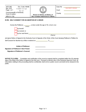 Notice of Appeal on Denial of Self Consent Abortion by a Minor Courts Ky  Form