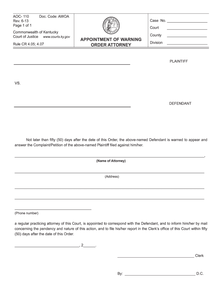 Get and Sign Warning Order Attorney Kentucky 2013-2022 Form